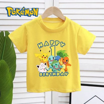 Gelbes Happy Birthday Pokemon T-Shirt mit Alter für Kinder – Bild 2