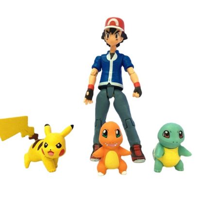 Ash Ketchum mit Pikachu, Glumanda und Schiggy Action Spiel Figur